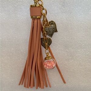 Blush Pink Tassel Keychain w/Glitter Hearts & Sprinkle Globe Charm -New -Unique
